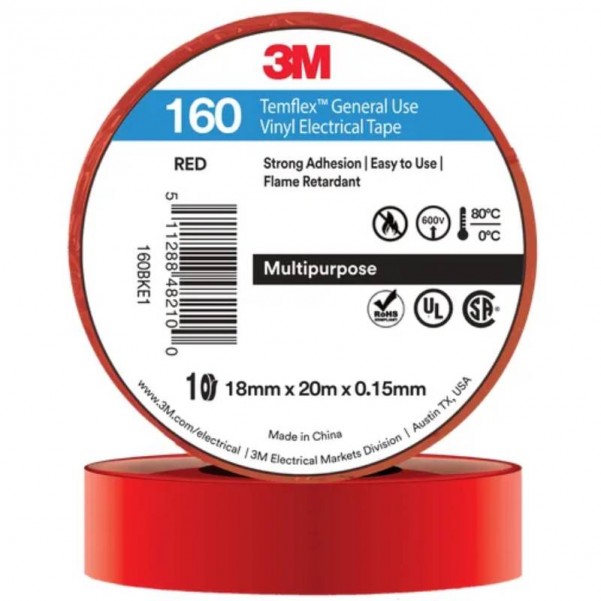 3M AE019500758 - Temflex 160 18MM x 20M Red Vinyl General Use Multipurpose Flame Retardant Electrical Tape Safety Tapes & Tags