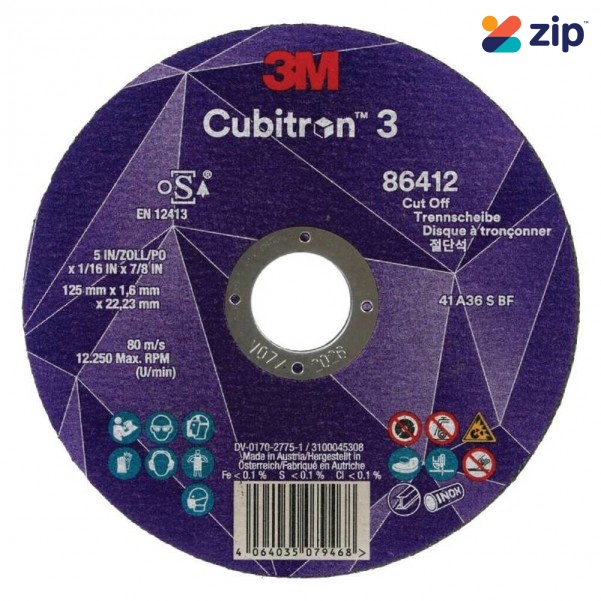 3M XC991968626 (86412) - 125 x 1.6 x 22.23 mm Cubitron 3 36+ Grit T41 EN Cut-Off Wheel Cutting Discs
