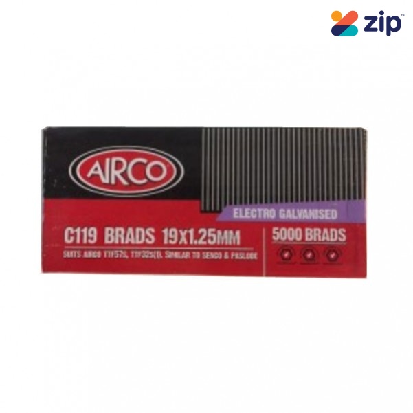 Airco C119 - 19mm x 1.25mm C1 Series Electro Galvanised Brads BF18190  Nail Gun Nails Consumables