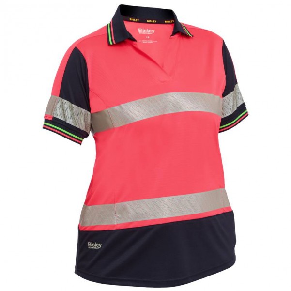 Bisley BKL1225T_TT21 - Pink / Navy Taped Two Tone Hi Vis V-Neck Women Short Sleeve Polo Shirt