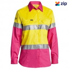 Bisley BL6696T_TT33 - 100% Cotton Yellow/Pink Women's Taped HI VIS Cool Lightweight Drill Shirt