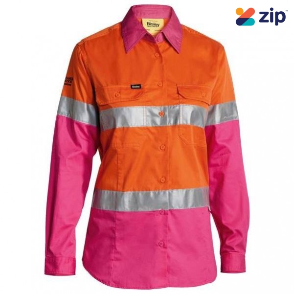 Bisley BL6696T_TT34 - 100% Cotton Orange/Pink Women's Taped HI VIS Cool Lightweight Drill Shirt