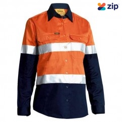 Bisley BL6896_TT02 - 100% Cotton Orange/Navy Women's Taped HI VIS Cool Lightweight Drill Shirt