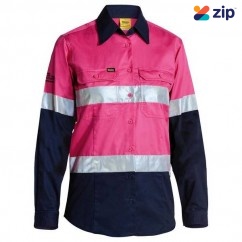 Bisley BL6896_TT32 - 100% Cotton Pink/Navy Women's Taped HI VIS Cool Lightweight Drill Shirt