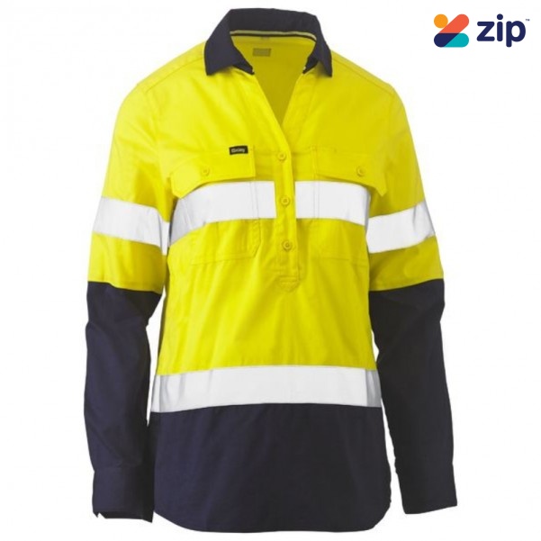 Bisley BLC6064T_TT01 - Yellow/Navy Women’s Taped Hi Vis Stretch V-neck Closed Front Shirt Specials