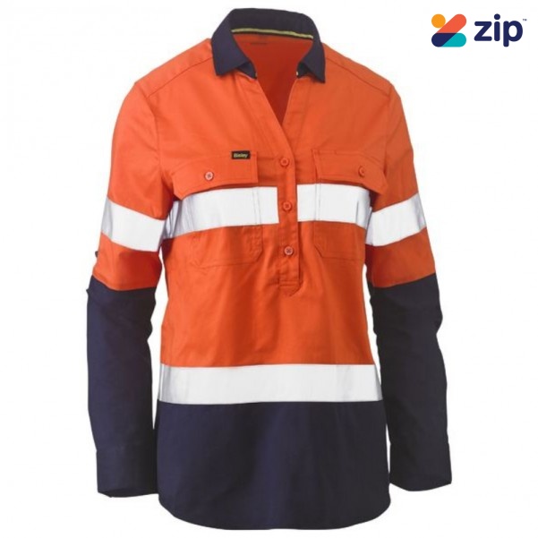Bisley BLC6064T_TT02 - Orange/Navy Women’s Taped Hi Vis Stretch V-neck Closed Front Shirt Specials