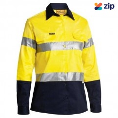 Bisley BLT6456_TT01 - 100% Cotton Yellow/Navy Women's Taped HI VIS Drill Shirt