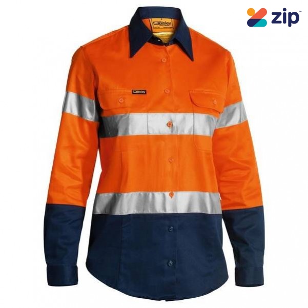 Bisley BLT6456_TT02 - 100% Cotton Orange/Navy Women's Taped HI VIS Drill Shirt