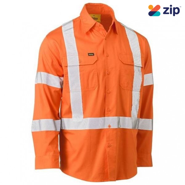 Bisley BS6166XT_BVEO- 100% Cotton Orange X Taped Biomotion HI VIS Cool Lightweight Drill Shirt