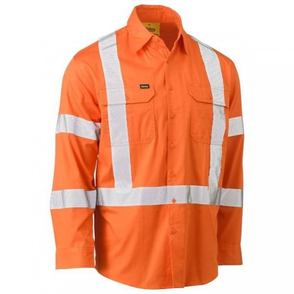 Bisley BS6166XT_BVEO- 100% Cotton Orange X Taped Biomotion HI VIS Cool Lightweight Drill Shirt