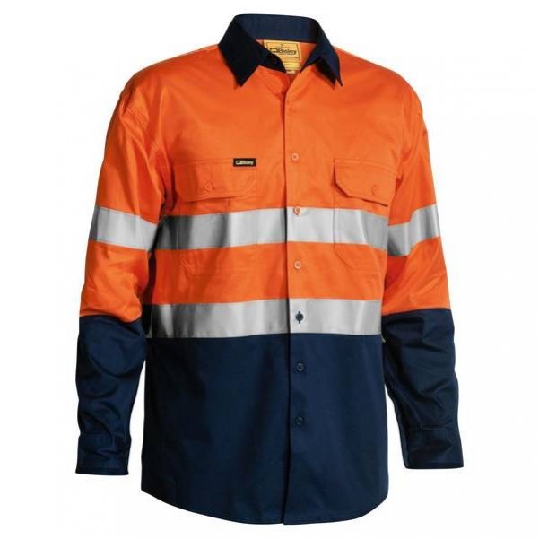 Bisley BS6896_TT02 - 100% Cotton Orange Navy Taped HI VIS Cool Lightweight Shirt Workwear Shirts