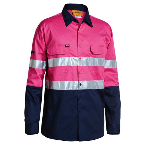 Bisley BS6896 Taped Hi Vis Cool Lightweight Shirt - Pink / Navy