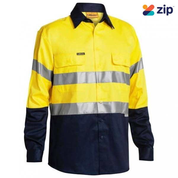 Bisley BT6456_TT01 - 100% Cotton Yellow Navy Taped HI VIS Drill Shirt Workwear Shirts