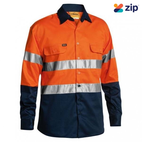Bisley BT6456_TT02 - 100% Cotton Orange Navy Taped HI VIS Drill Shirt Workwear Shirts