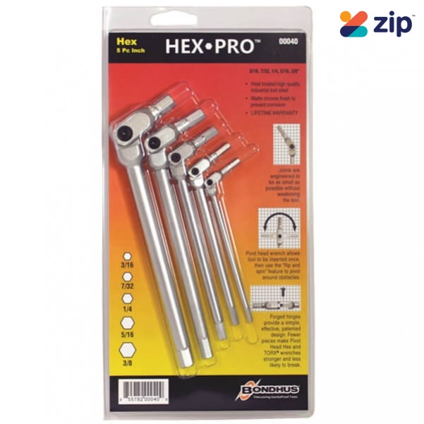 Bondhus 00040 - Pro Series Pivot Head 5 Piece Hex Key Set Imperial