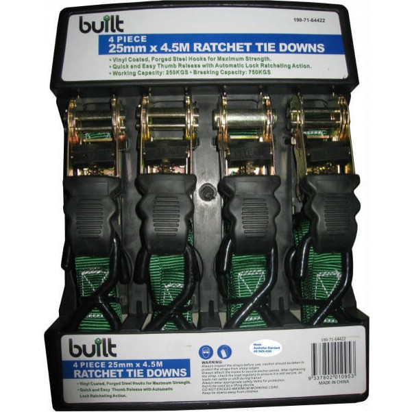 built 190-71-64422 - 4 PCE 25MM x 4.5M Ratchet Tie Down Automotive Service Tools