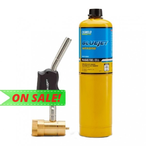 Cigweld 308403 - JET410 Concentrated Flame BlueJet Swivel Torch and MaxGas Combo Kit Gas Bottles