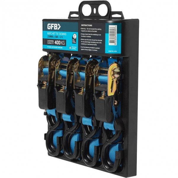 GFB GFB-TD-4PK - 25mm x 5m 400kg 4 Pack S-Hook Capacity Ratchet Tie Down Straps  Ratchet Tie Downs