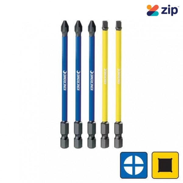 Kincrome K21520 - 100mm Mixed Pack 5 Piece Phillips & Square #2 Impact Bit