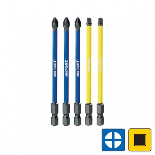 Kincrome K21520 - 100mm Mixed Pack 5 Piece Phillips & Square #2 Impact Bit Drill/Driver Bit Sets