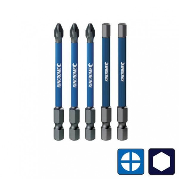 Kincrome K21522 - 5mm 75mm Mixed Pack 5 Piece Phillips #2 & Hex Impact Bit Drill/Driver Bit Sets