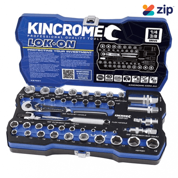 Kincrome K27031 - 44 Piece 1/4" 3/8" Square Drive LOK ON Socket Set – Metric & Imperial