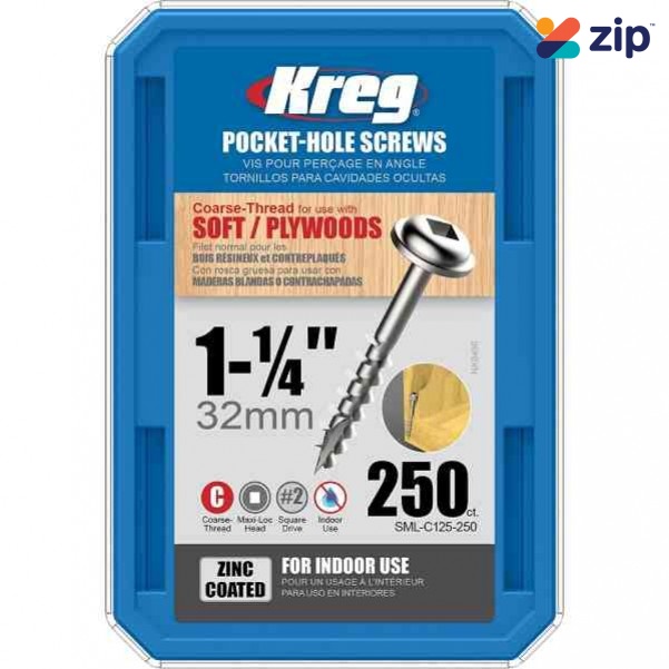 Kreg SML-C125-250 - 1-1/4" 32mm Coarse Thread 8# Zinc Coated Pocket Hole Screws 250 Count