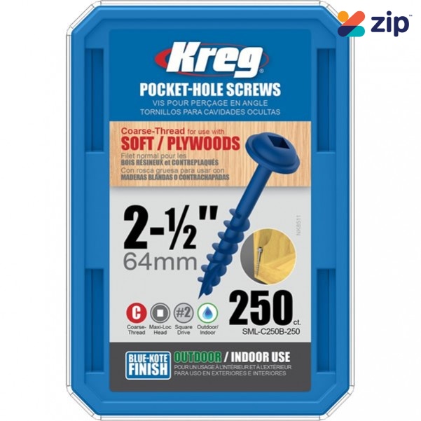 Kreg SML-C250B-250 - PK250 2-1/2" (63mm) #8 Coarse Blue-Kote Pocket-Hole Screws 