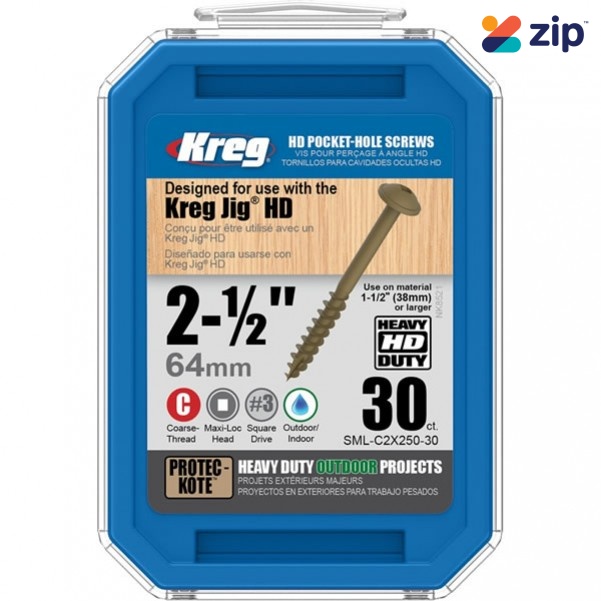 Kreg SML-C2X250-30 - Pk30 2-1/2" #14 Coarse Washer Head Pocket Screws Pocket Screws