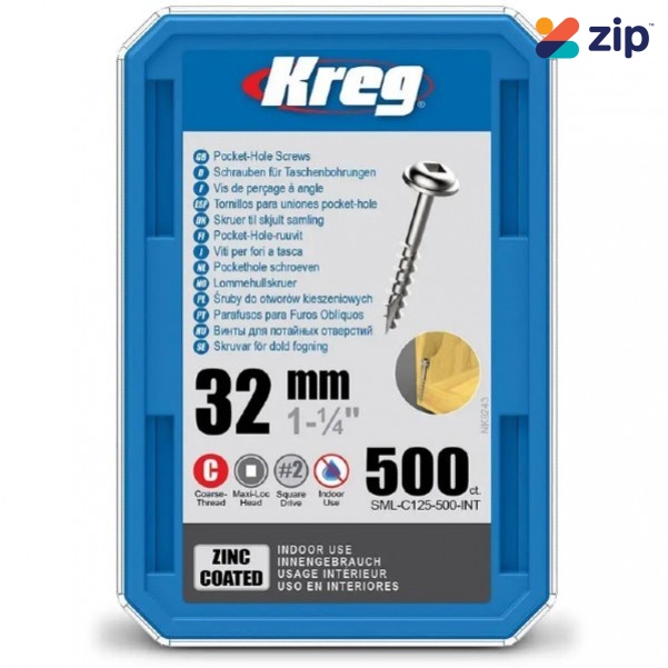 Kreg KR-SMLC125-500 - 1-1/4" 32mm Coarse Thread 8# Zinc Coated Pocket Hole Screws 500 Pack