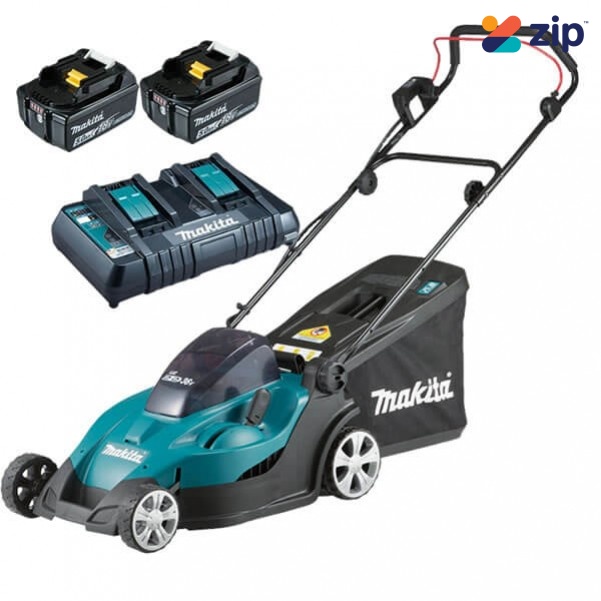 Oprør At dræbe søskende Makita DLM431PT2 - 36V (18V x 2) 5.0Ah 50L 430MM Cordless Lawn Mower Kit