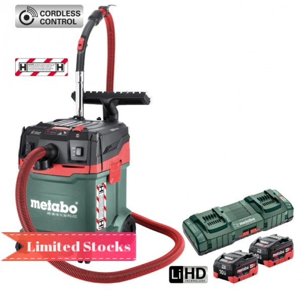 Metabo AS 36-18 H 30 PC-CC 10.0 DUO K (AU60207500) - 36V (18V x 2) Li-ion 10.0AH Cordless Brushless 30L Wet & Dry H-Class Vacuum Cleaner Kit