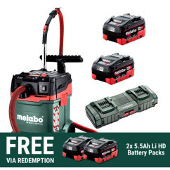 Metabo AS 36-18 H 30 PC-CC 10.0 DUO K (AU60207500) - 36V (18V x 2) Li-ion 10.0AH Cordless Brushless 30L Wet & Dry H-Class Vacuum Cleaner Kit