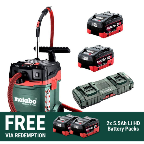 Metabo AS 36-18 H 30 PC-CC 10.0 DUO K (AU60207500) - 36V (18V x 2) Li-ion 10.0AH Cordless Brushless 30L Wet & Dry H-Class Vacuum Cleaner Kit Hazardous Materials Vacuums Metabo AS 36-18 H 30 PC-CC 10.0 DUO K (AU60207500) - 36V (18V x 2) Li-ion 10.0AH Cordless Brushless 30L Wet & Dry H-Class Vacuum Cleaner Kit Hazardous Materials Vacuums