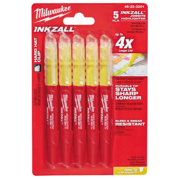 Milwaukee 48223201 - INKZALL Yellow Highlighters 5PK Milwaukee Accessories Milwaukee 48223201 - INKZALL Yellow Highlighters 5PK Milwaukee Accessories
