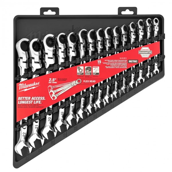 Milwaukee 48229513 - 15 Piece Metric Flex-Head Ratcheting Wrench Set 