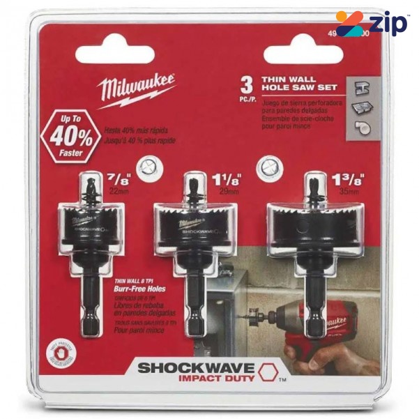 Milwaukee 49224800 - 3 Piece 1/4" Shank Shockwave Thin Wall Bi-Metal Hole Saw Set Milwaukee Accessories