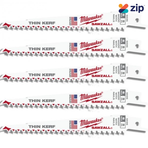 Milwaukee 48005035 - 5-Pack 150mm 5TPI Wood Thin Kerf SAWZALL Reciprocating Saw Blades Milwaukee Accessories