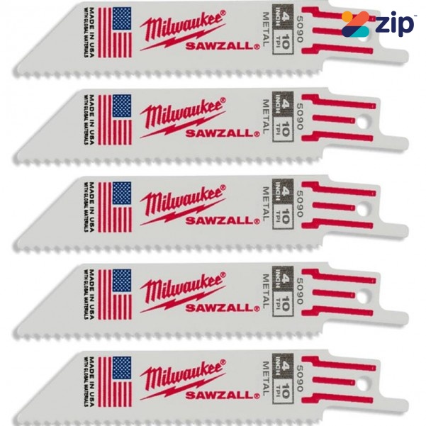 Milwaukee 48005090 - 5-Pack 100mm 10TPI Metal Thin Kerf SAWZALL Reciprocating Saw Blades