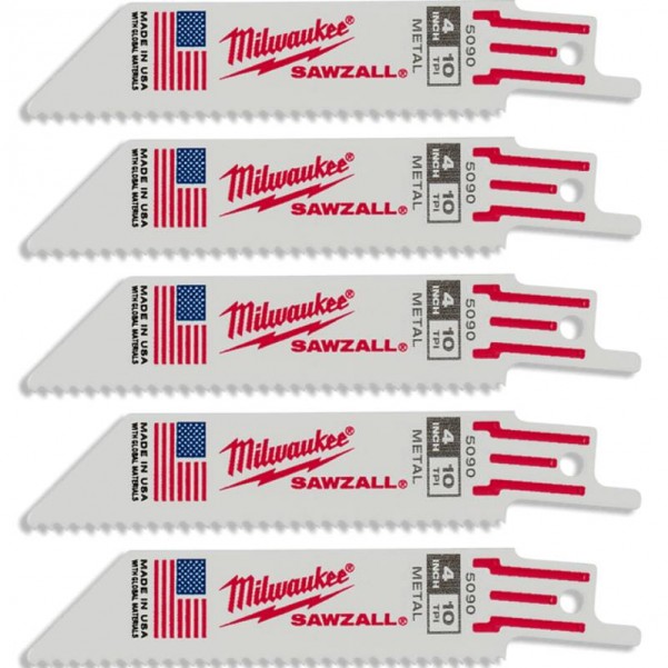 Milwaukee 48005090 - 5-Pack 100mm 10TPI Metal Thin Kerf SAWZALL Reciprocating Saw Blades