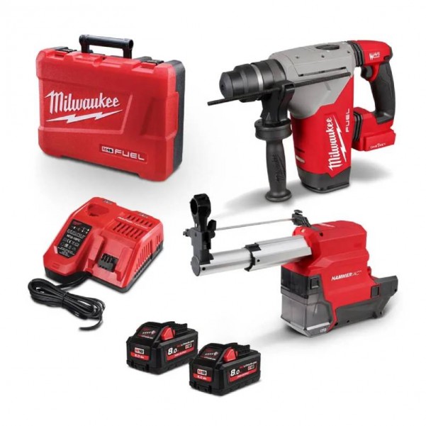 Milwaukee M18FHPDEX802C - 18v Fuel 26mm Hammervac SDS Plus Rotary Hammer with Dust Extractor Kit