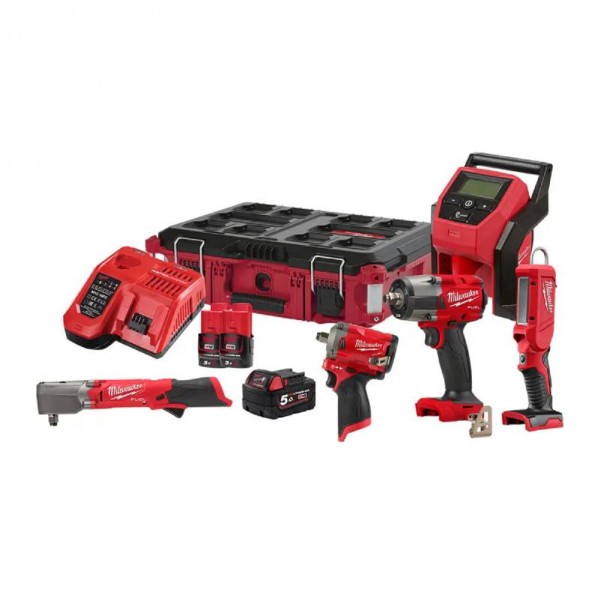 Milwaukee M18FPP5N533P - 12V/18V 3.0Ah/5.0Ah Li-ion Cordless Fuel 5pce Combo Kit Power Pack Combo Kits 18v