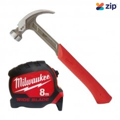 Milwaukee 48229080W - 20oz Curved Claw Hammer & 8m Wideblade Tape Combo Set