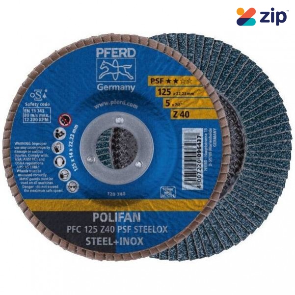 PFERD PFC 125 Z 40 PSF - 125mm 40-Grit Polifan Steellox Zirconia Angled Flap Disc 67770124