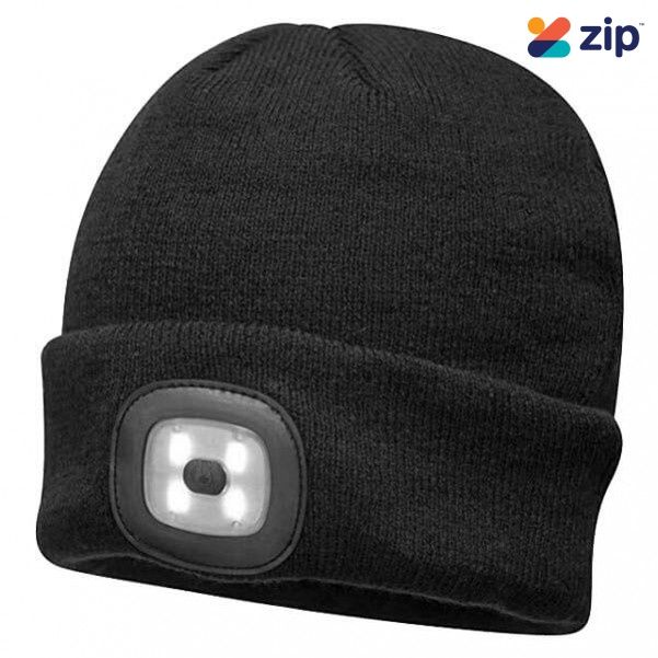Portwest B029BKR - Black Led Head Light USB Rechargeable Beanie Head Lamp with Rechargeable Batteries