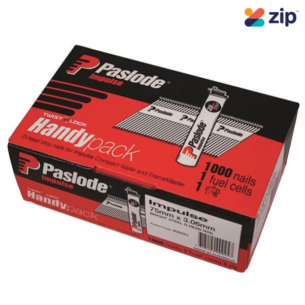 Paslode B20551 - 75 x 3.06mm Handy Pack Bright Impulse D Head Nails with Fuel Cell