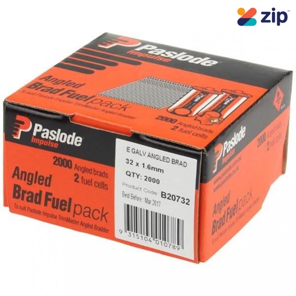 Paslode B20732 - 32mm 1.6mm 2000 Pack Galvanised Angled Brad Nails with Fuel