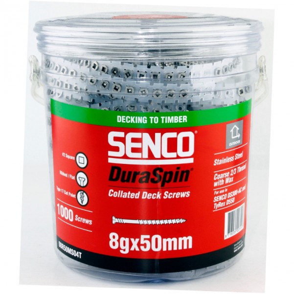 Senco 08R50MS04T - 11tpi x 50mm Ribbed Stainless 8 Gauge Tub Of 1000 Collated Screws  Nail Gun Nails Consumables