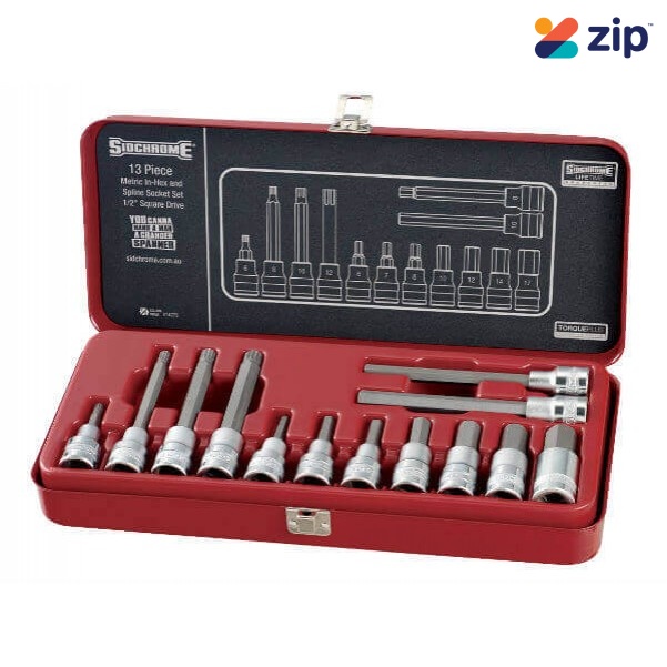 Sidchrome SCMT14275 - 13 Piece 1/2” Drive In-Hex & Spline Socket Set - Metric