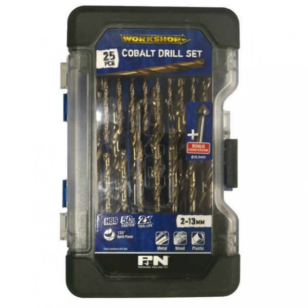 P&N Professional Tools 149060006 - 25 Piece 2-13mm Heavy Duty Cobalt Drill Set